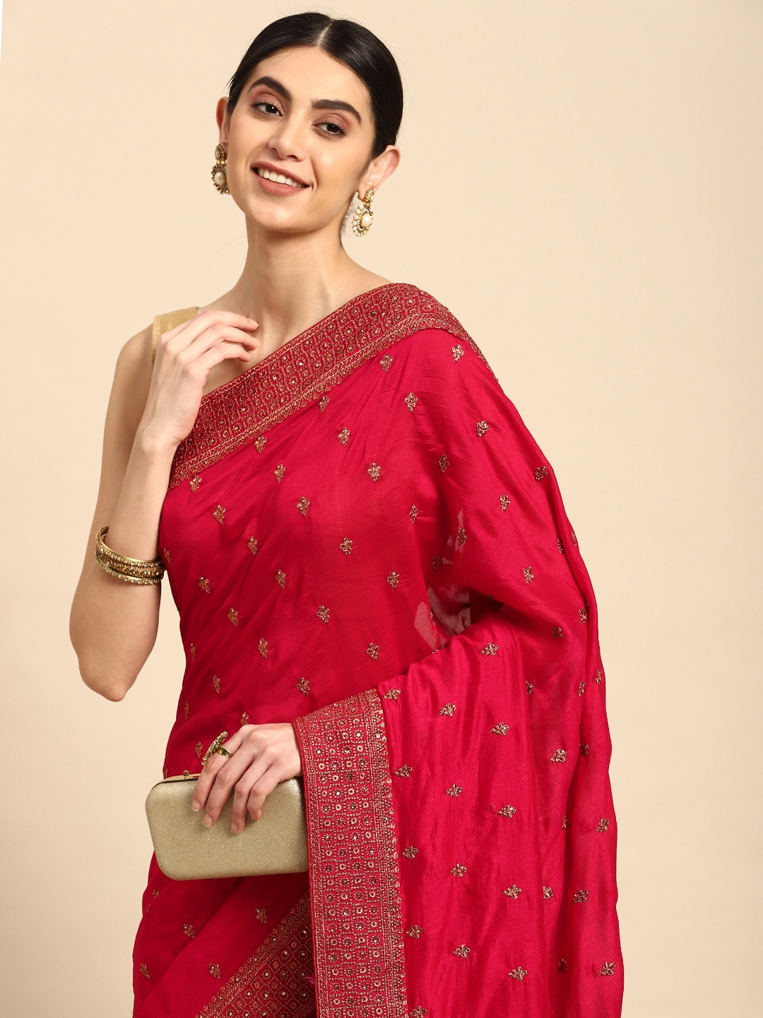 

Pothys Ethnic Motifs Beads & Stones Pure Georgette Saree, Red