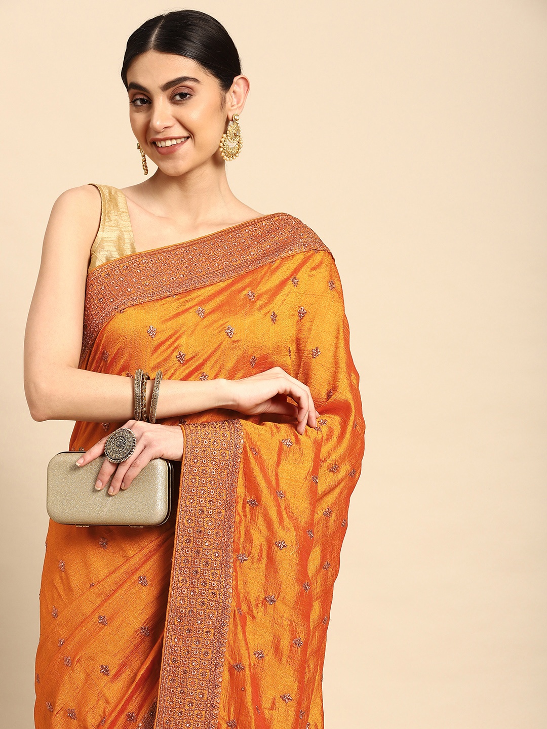 

Pothys Ethnic Motifs Embroidered Beads & Stones Pure Georgette Saree, Mustard