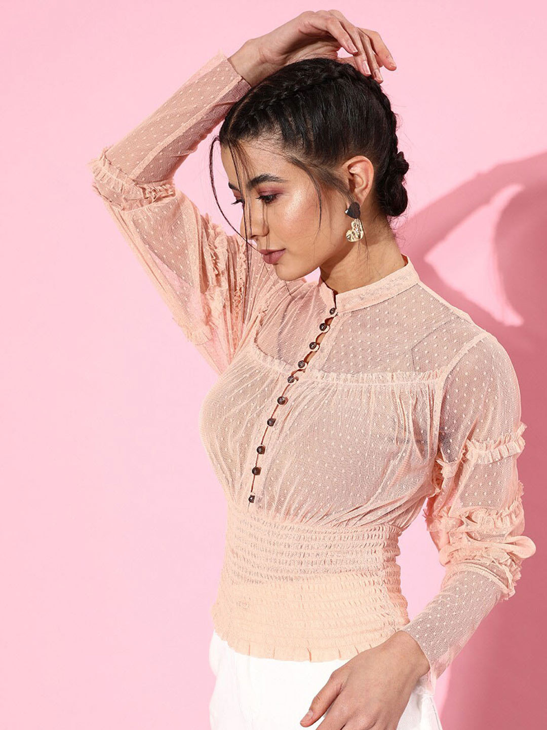 

QUIERO Self Design Cinched Waist Top, Peach