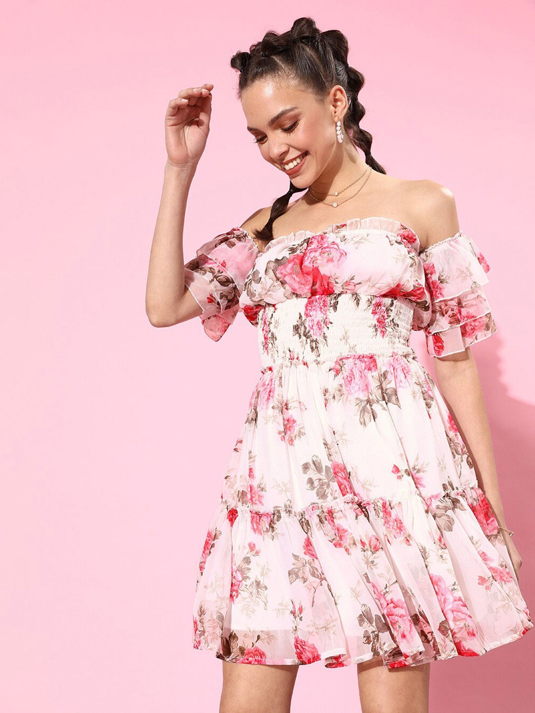 

QUIERO White Floral Off-Shoulder Chiffon Dress