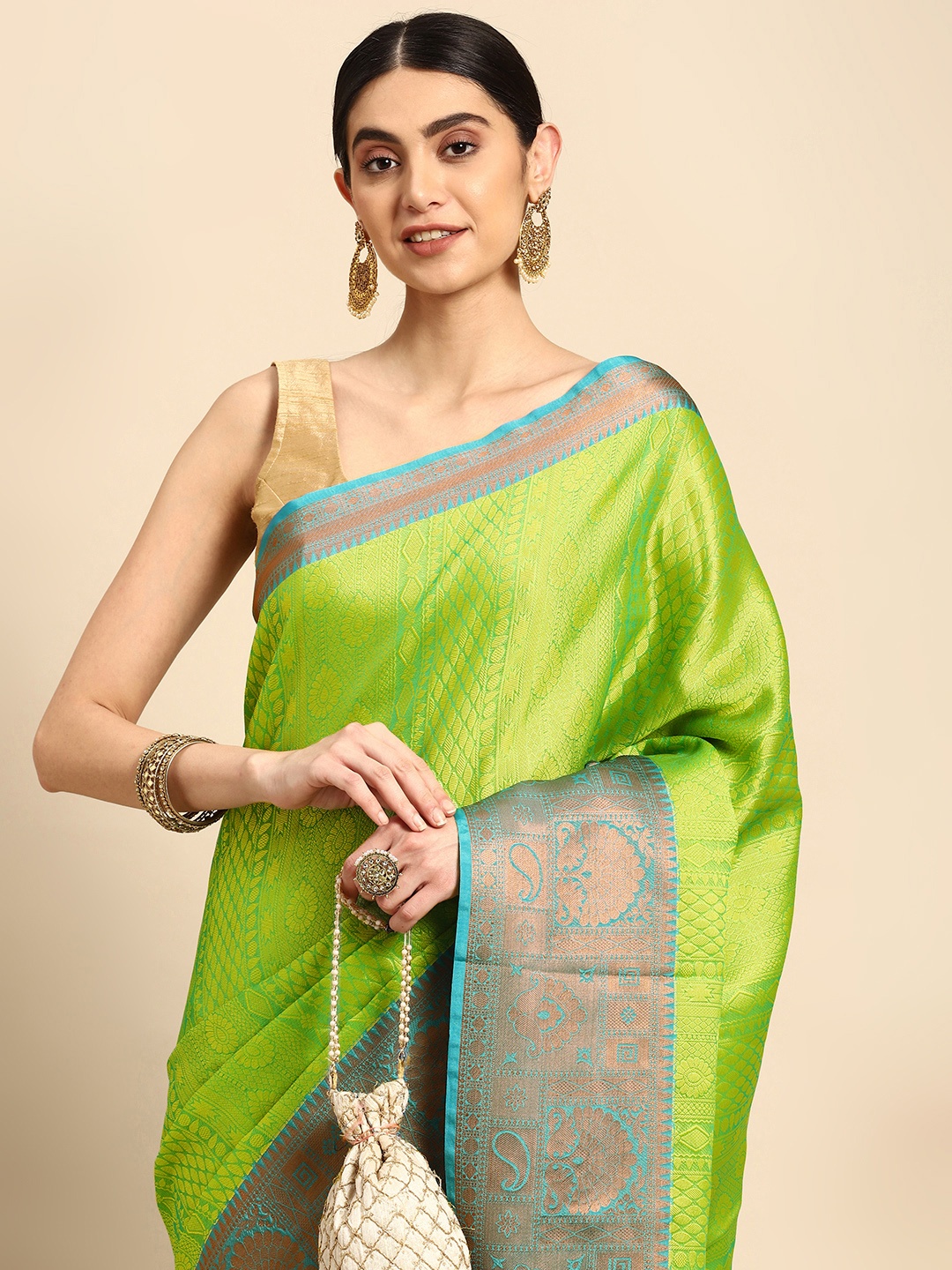 

Pothys Woven Design Ethnic Motifs Zari Jute Silk Saree, Green