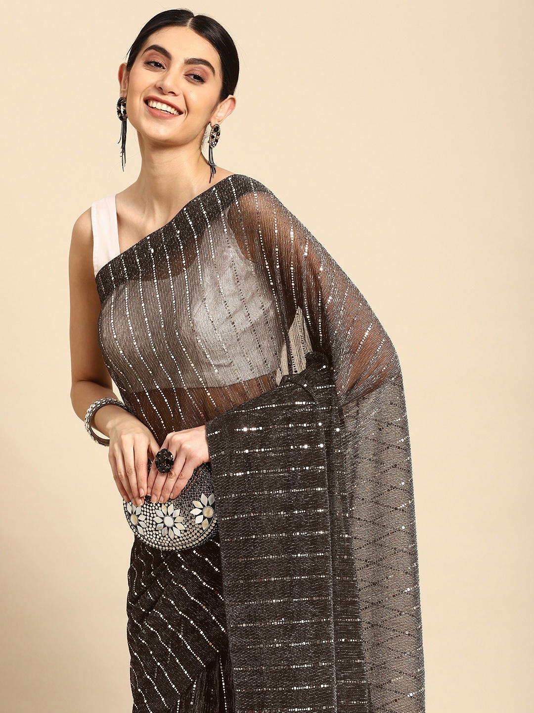 

Pothys Embellished Striped Sequinned Pure Georgette Saree, Black