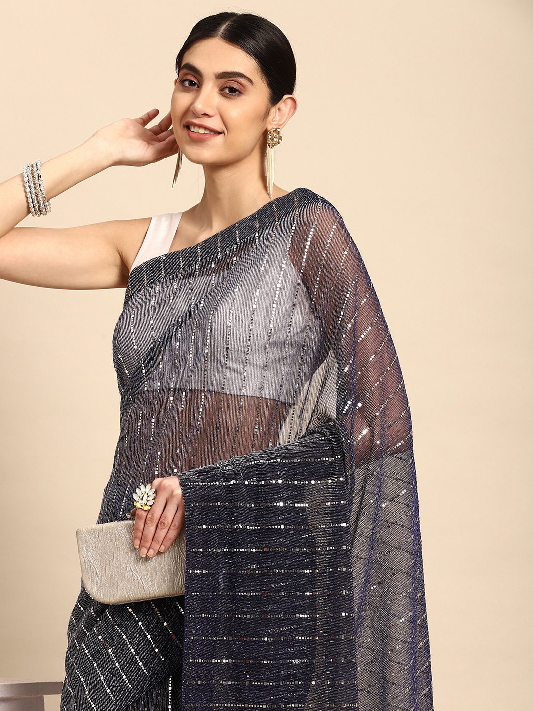 

Pothys Striped Mirror Work Pure Georgette Saree, Navy blue