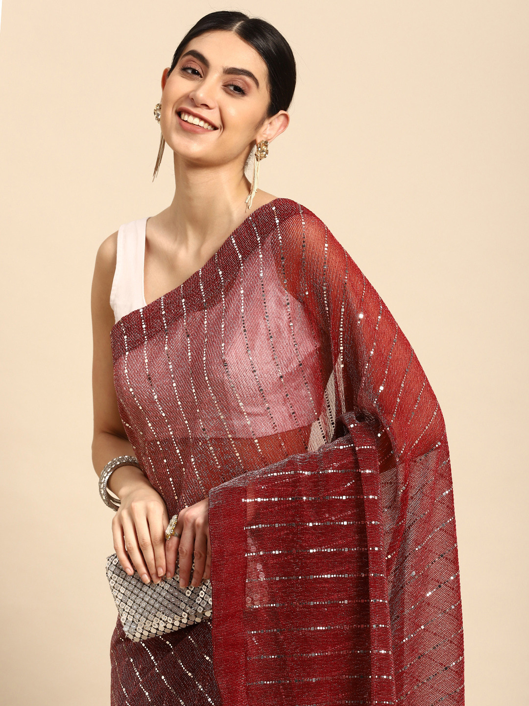 

Pothys Striped Mirror Work Pure Georgette Saree, Maroon