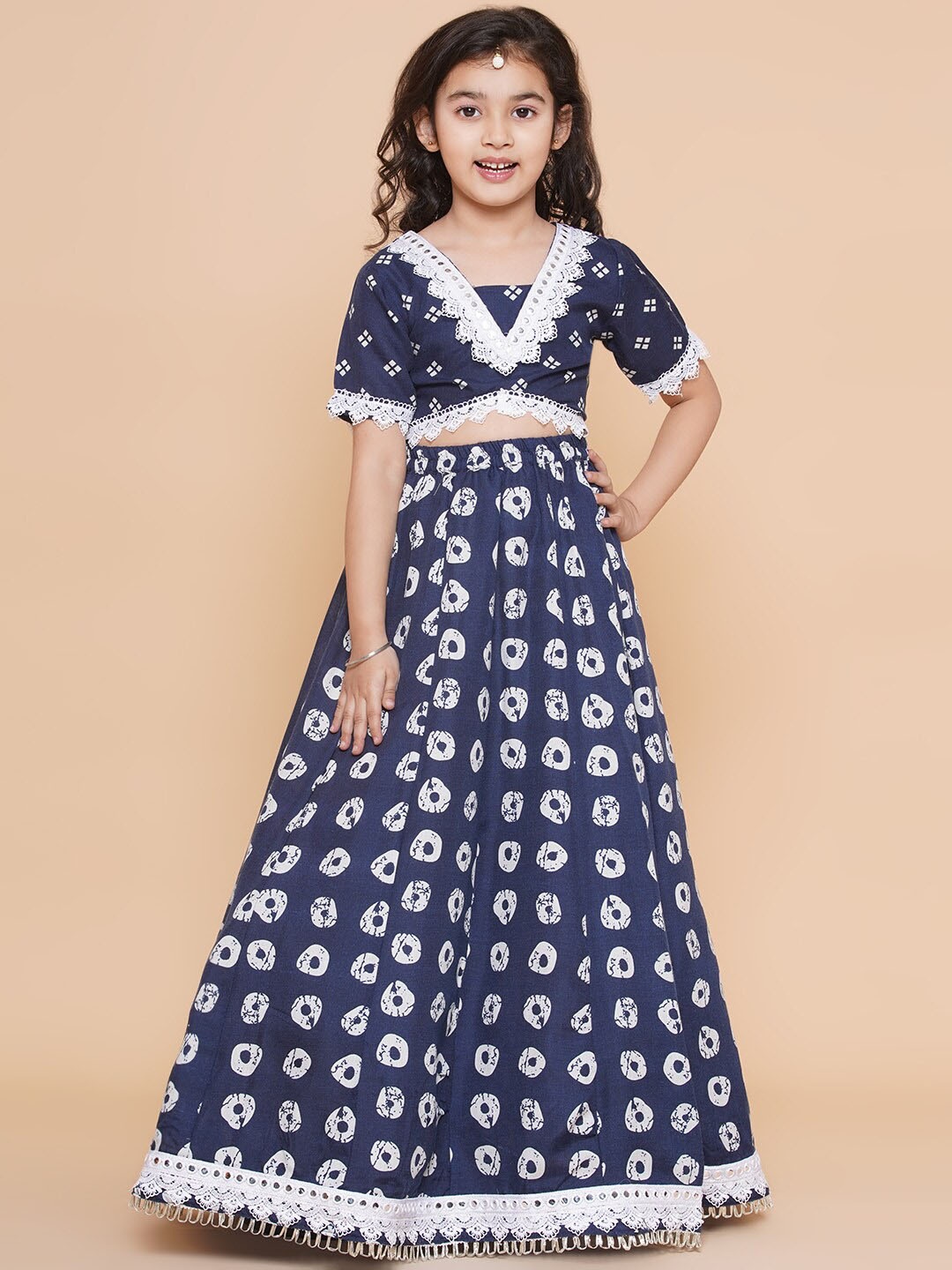 

Bitiya by Bhama Girls Bandhani Printed Cotton Ready to Wear Lehenga Choli, Navy blue