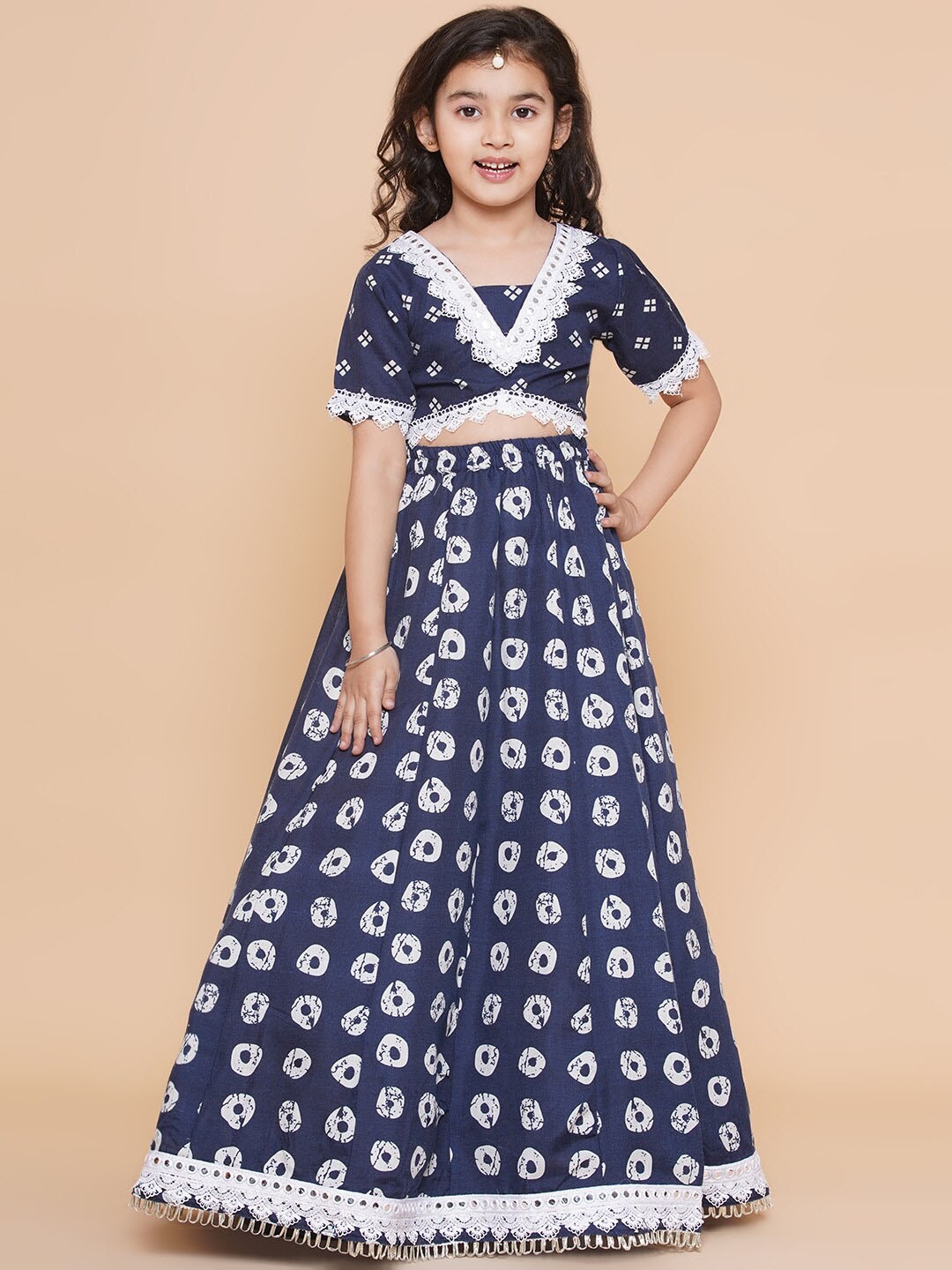

Bitiya by Bhama Girls Teens Bandhani Printed Cotton Ready to Wear Lehenga Choli, Navy blue