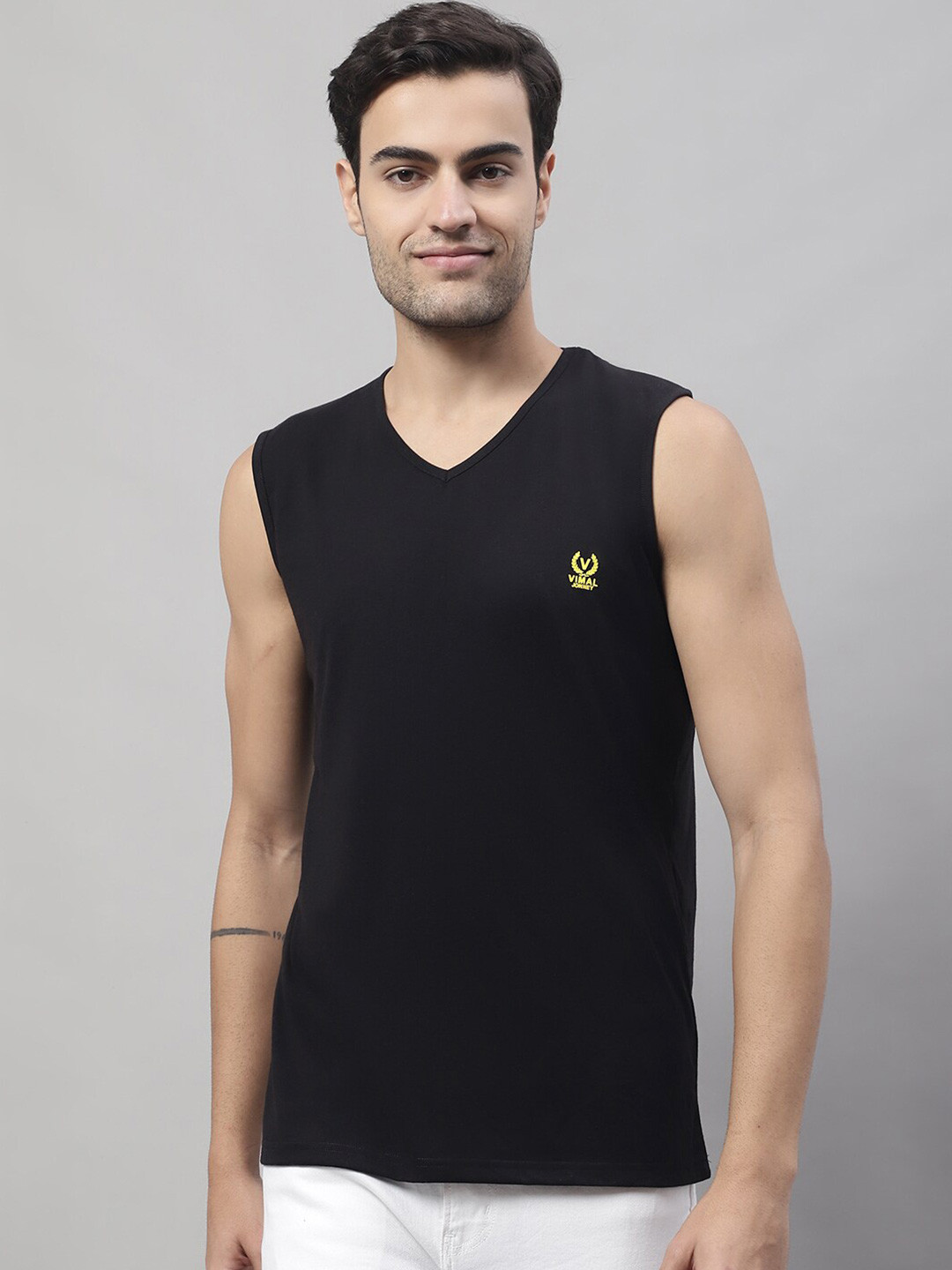 

VIMAL JONNEY V-Neck Sleeveless Cotton T-shirt, Black