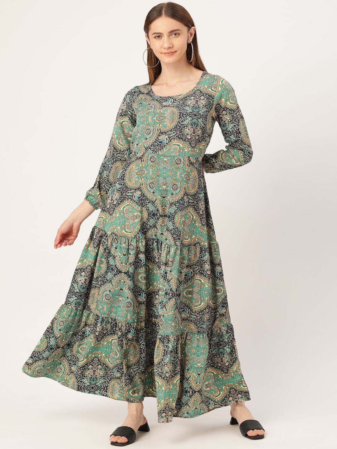 

Deewa Ethnic Motifs Tiered Crepe Maxi Dress, Off white