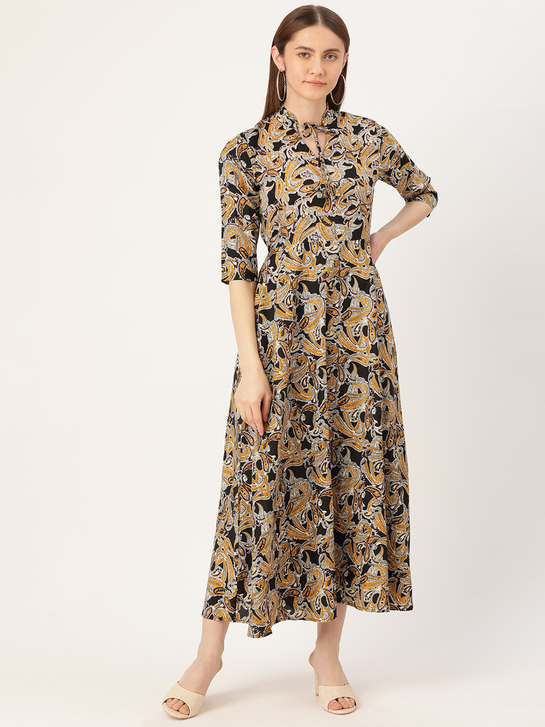 

Deewa Ethnic Motifs Tie-Up Neck Crepe Maxi Dress, Black