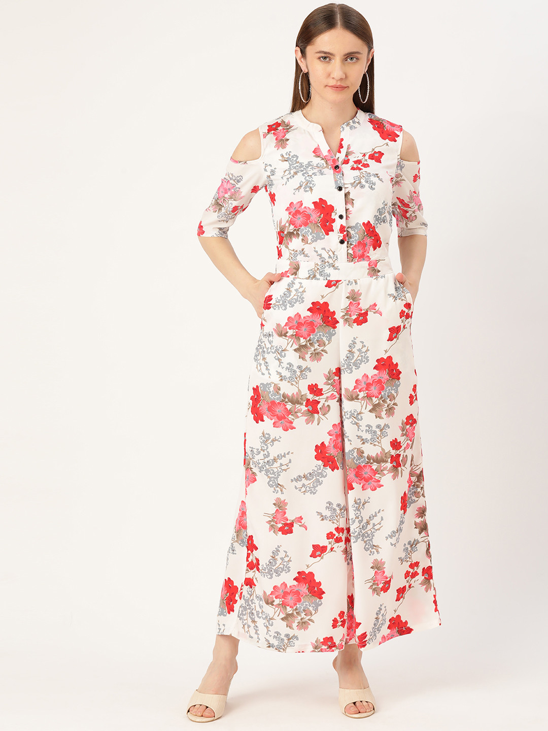 

Deewa Floral Printed Cold Shoulder Culotte Jumpsuit, White