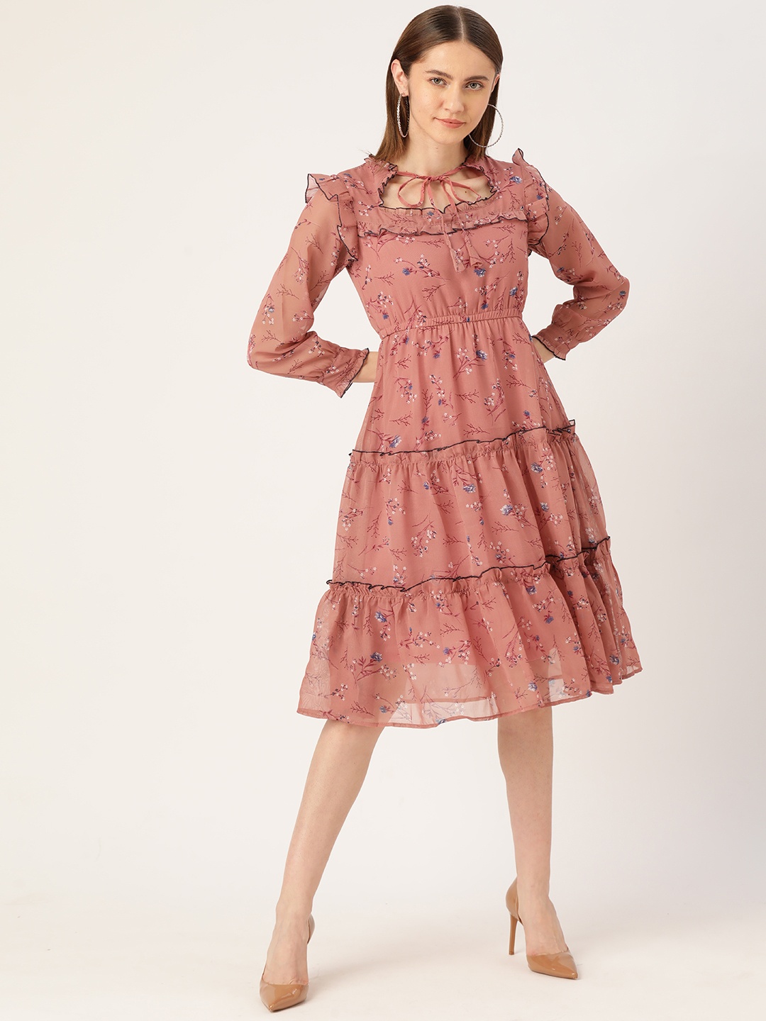 

Deewa Floral Tie-Up Neck Georgette A-Line Dress, Pink