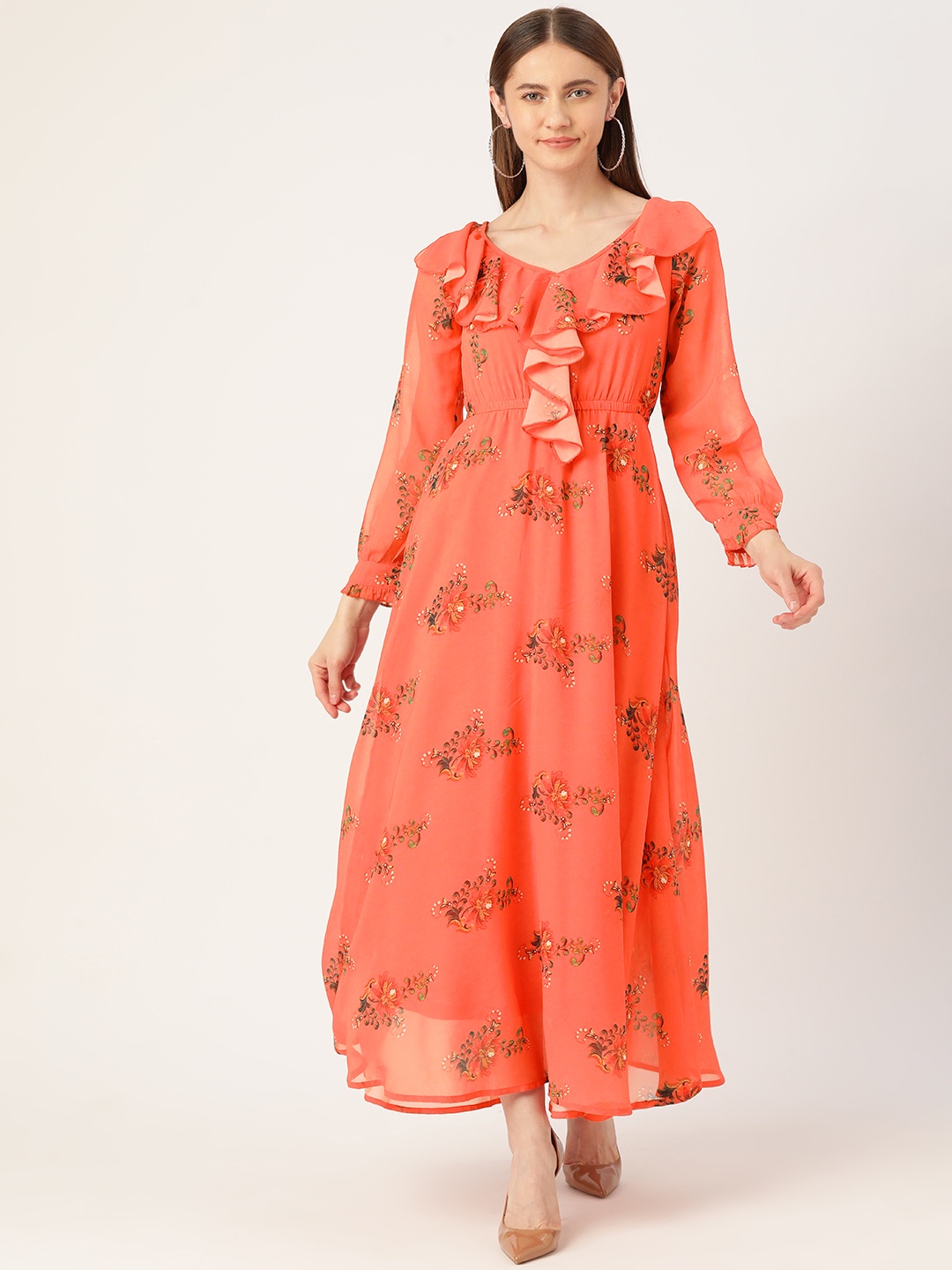 

Deewa Floral Georgette A-Line Maxi Dress, Red