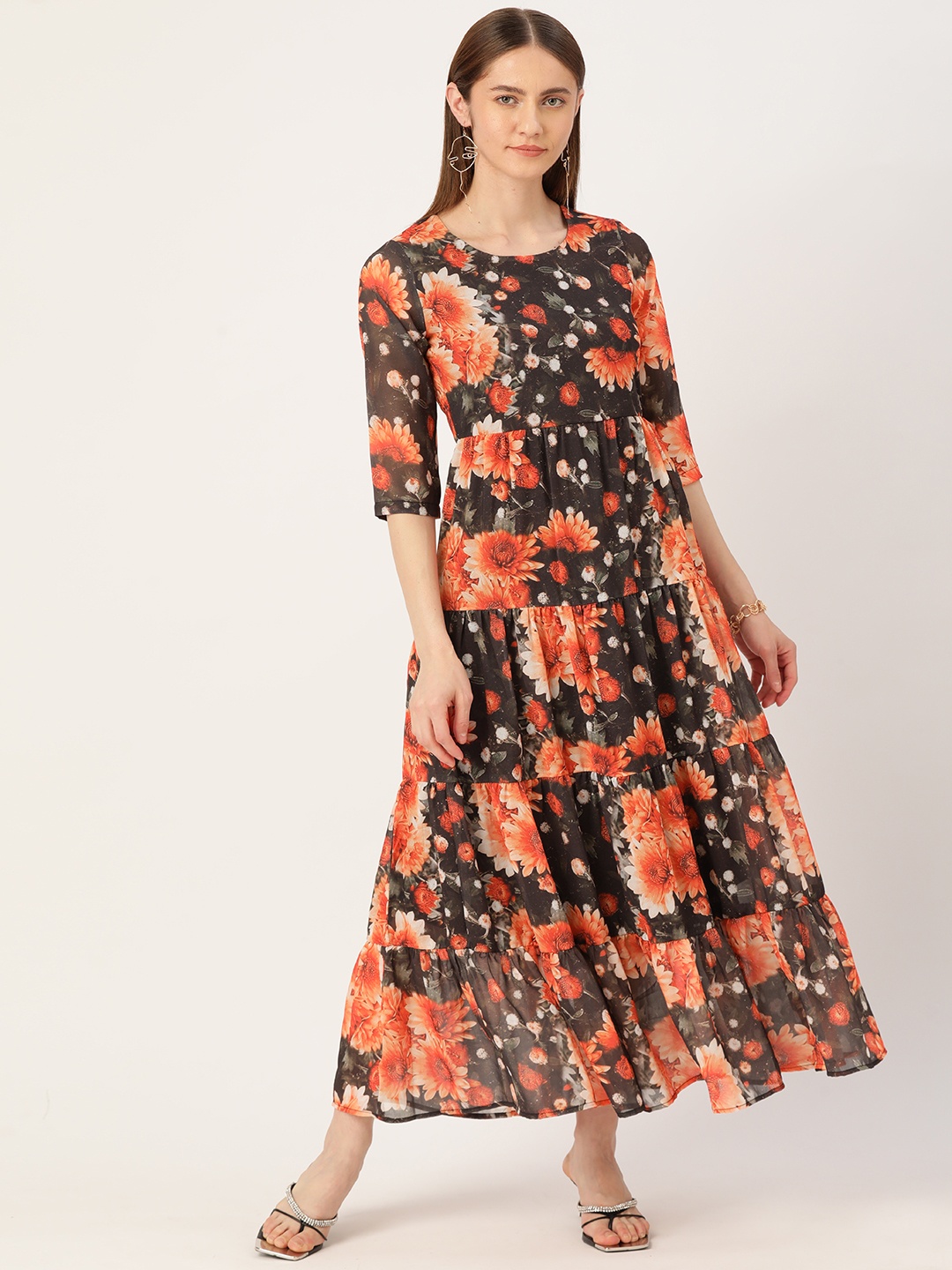 

Deewa Floral Georgette Maxi Dress, Black