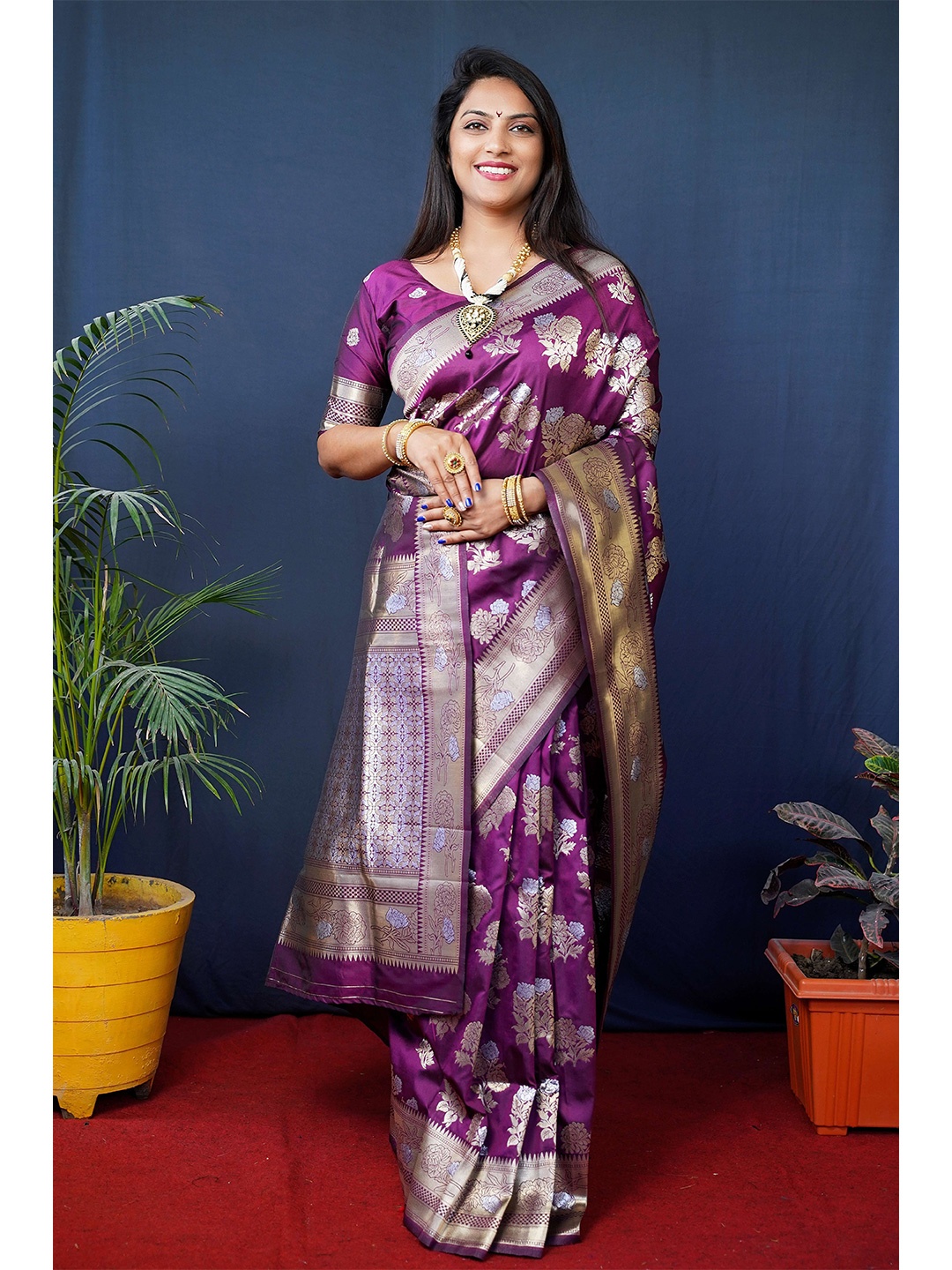 

Anaita Floral Woven Design Zari Pure Silk Banarasi Saree, Purple
