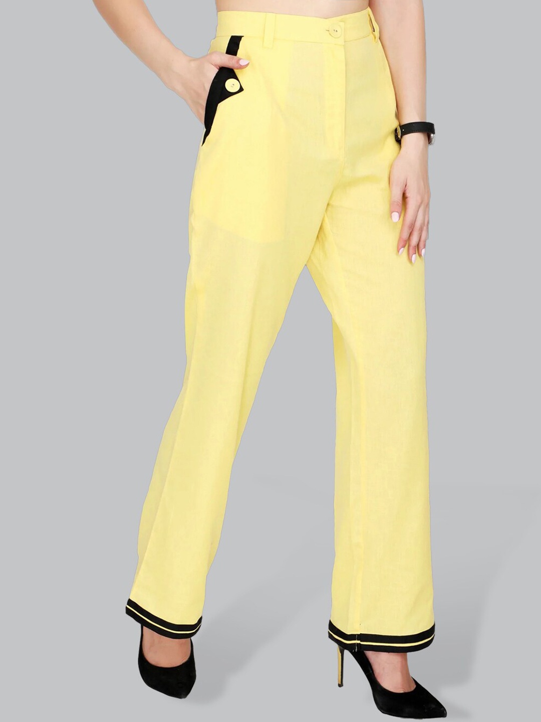 

CUFFS N LASHES Women Regular Fit Parallel Trousers, Yellow