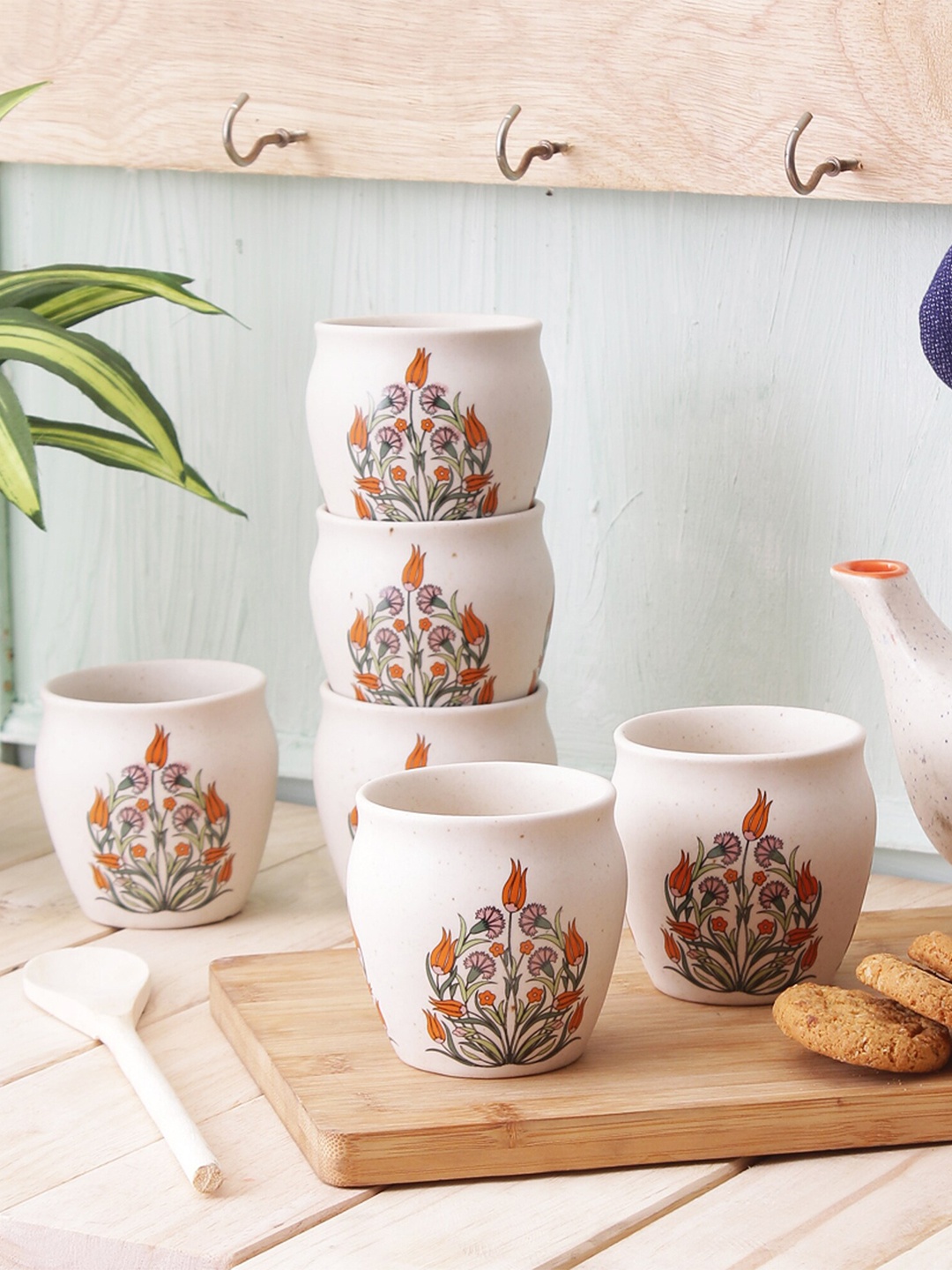 

MIAH Decor White & Green 6 Pcs Floral Printed Ceramic Matte Kulladhs 190 ml Each