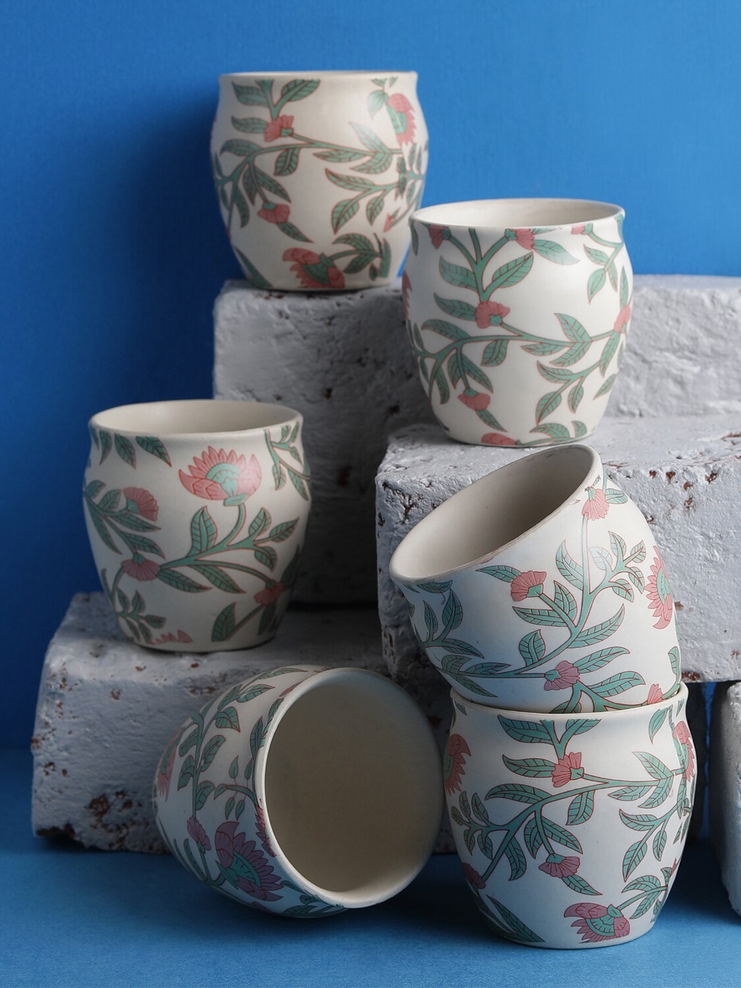 

MIAH Decor White & Green 6 Pcs Floral Printed Ceramic Matte Kulladhs 190 ml Each