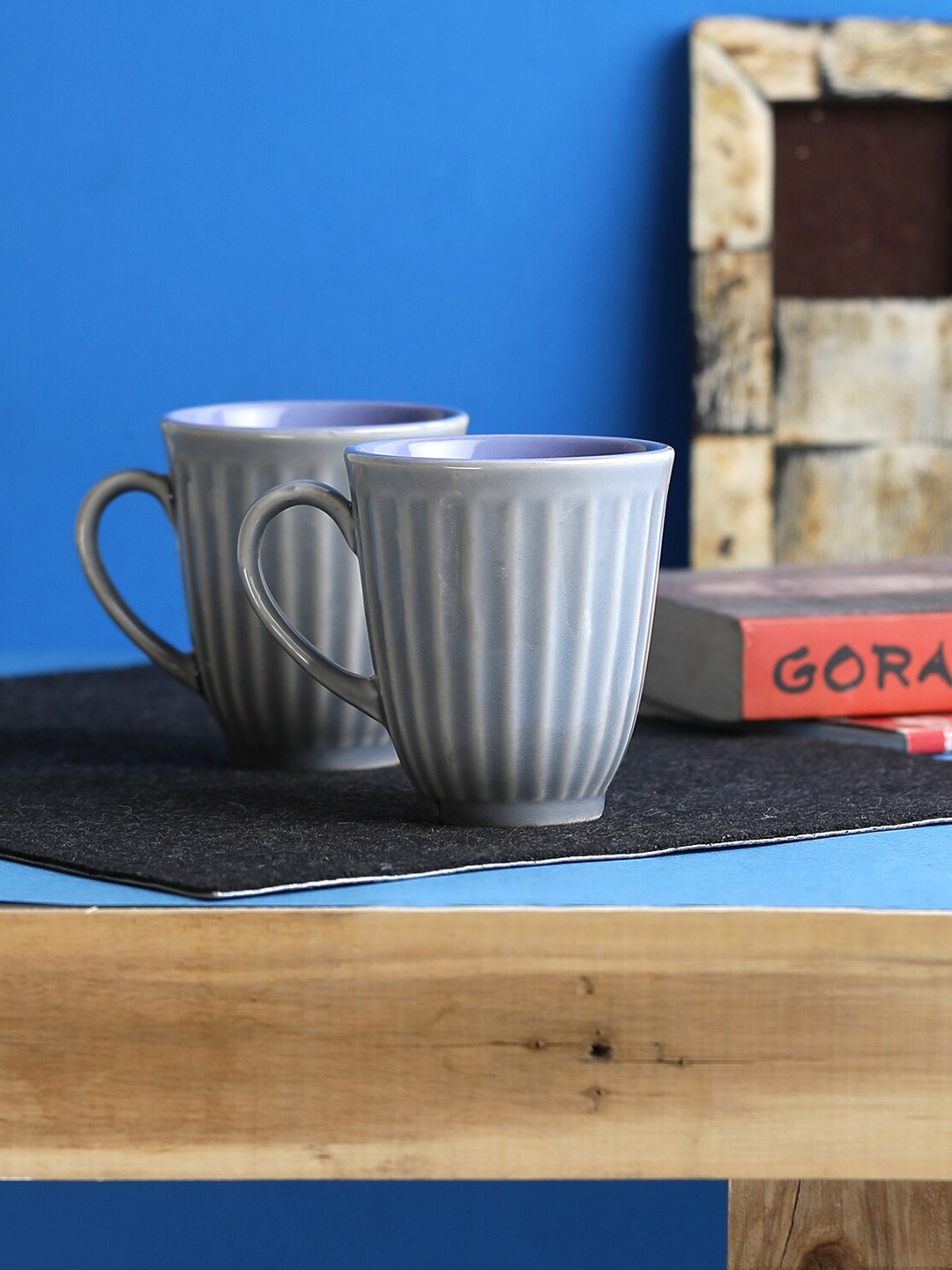

MIAH Decor Grey & Blue 2 Pcs Textured Ceramic Glossy Mugs 350 ml Each