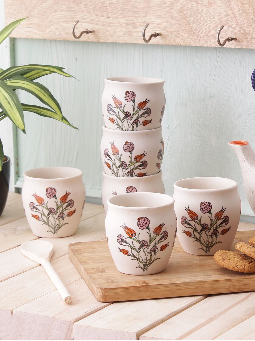 

MIAH Decor White & Green 6 Pcs Floral Printed Ceramic Matte Kulladhs 190 ml Each