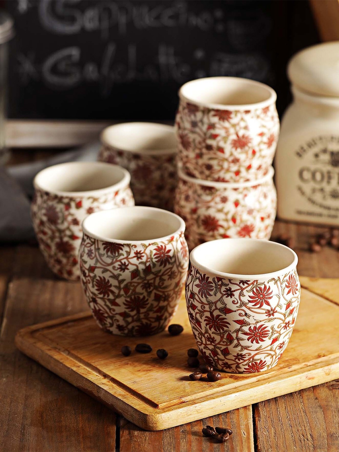 

MIAH Decor White & Maroon 6 Pcs Floral Printed Ceramic Matte Kulladhs 190 ml Each