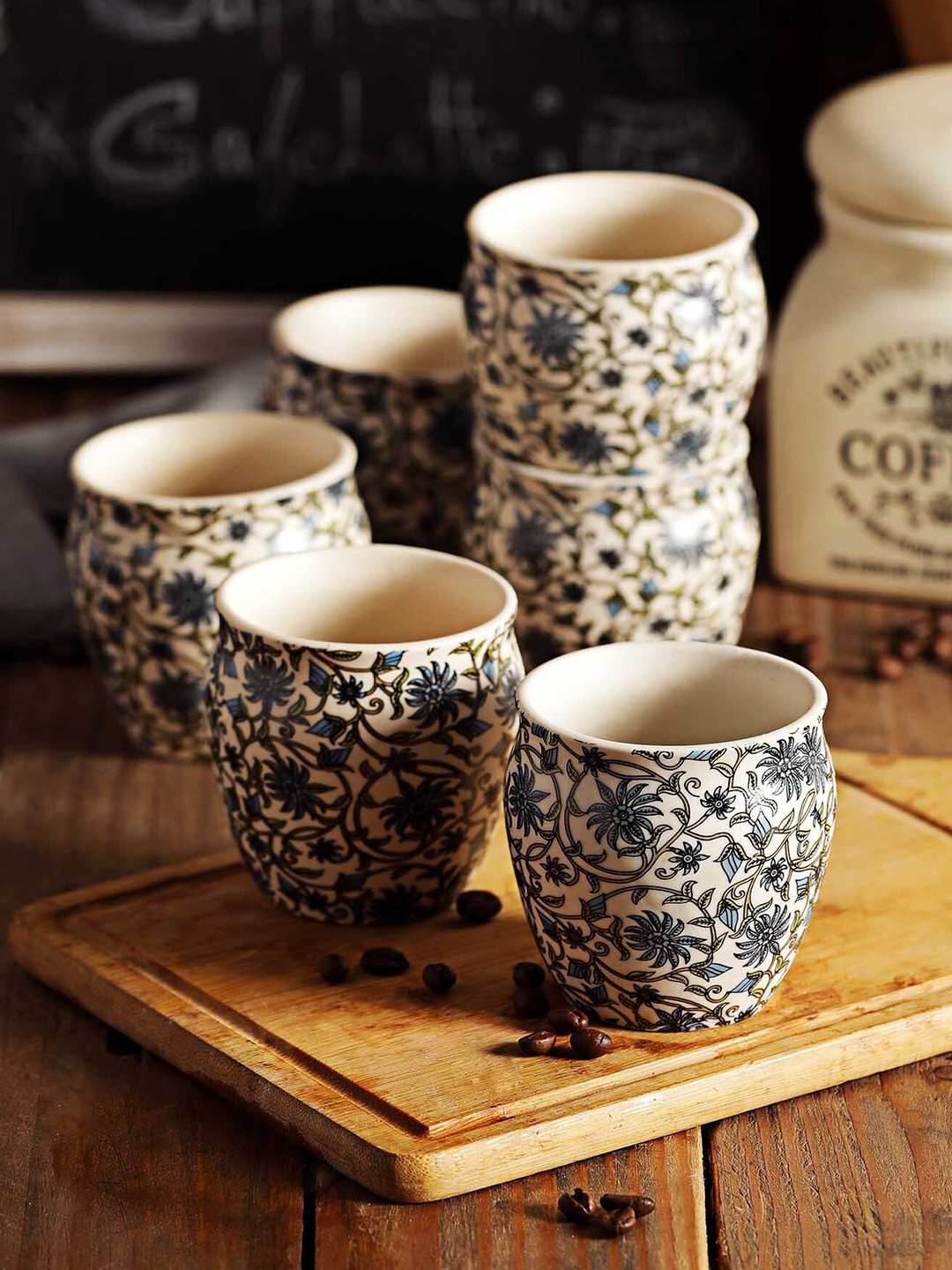 

MIAH Decor White & Blue 6 Pcs Floral Printed Ceramic Matte Kulladhs 190 ml Each