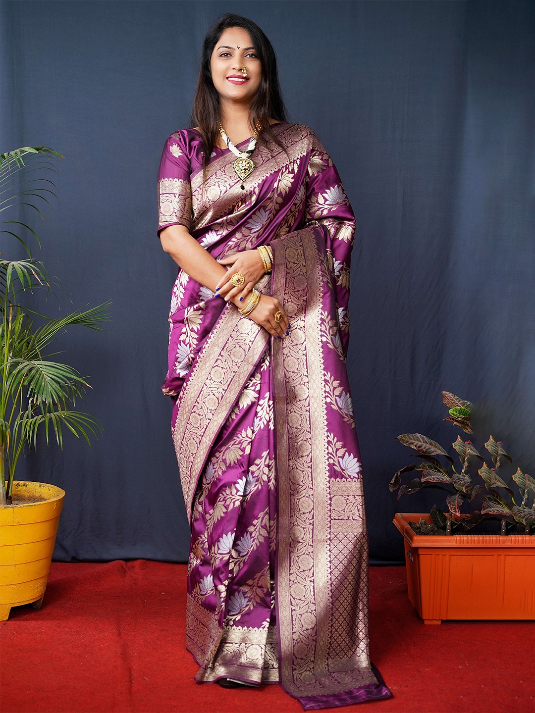 

Anaita Floral Woven Design Zari Pure Silk Banarasi Saree, Purple