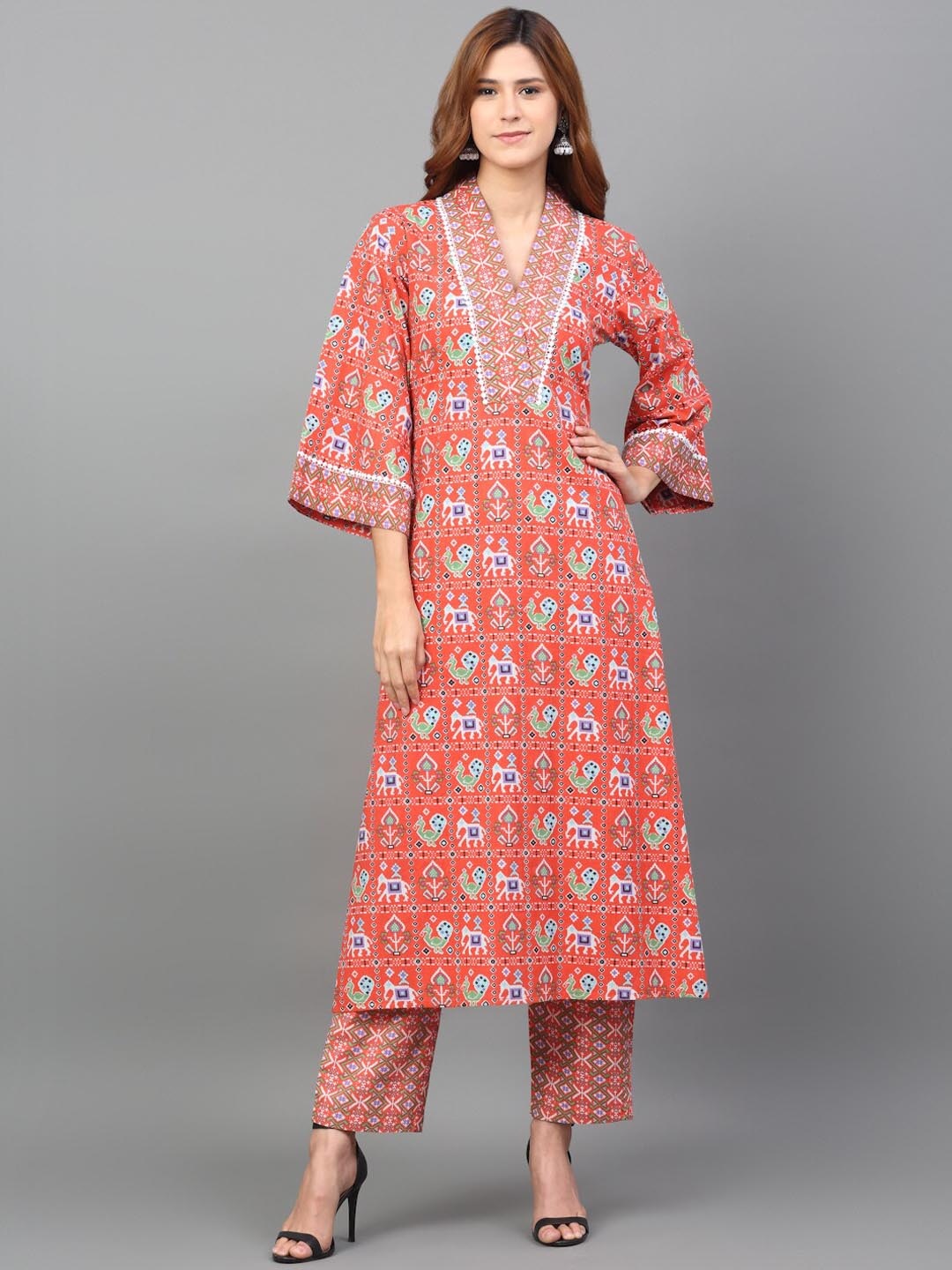 

KALINI Ethnic Motif Printed Bell Sleeves Pure Cotton Kurta with Trousers & Dupatta, Orange