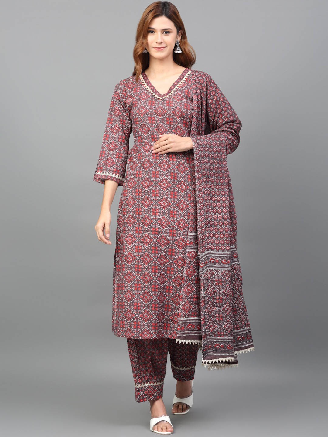 

KALINI Women Ethnic Motifs Printed Pure Cotton Kurta with Salwar & Dupatta, Coffee brown