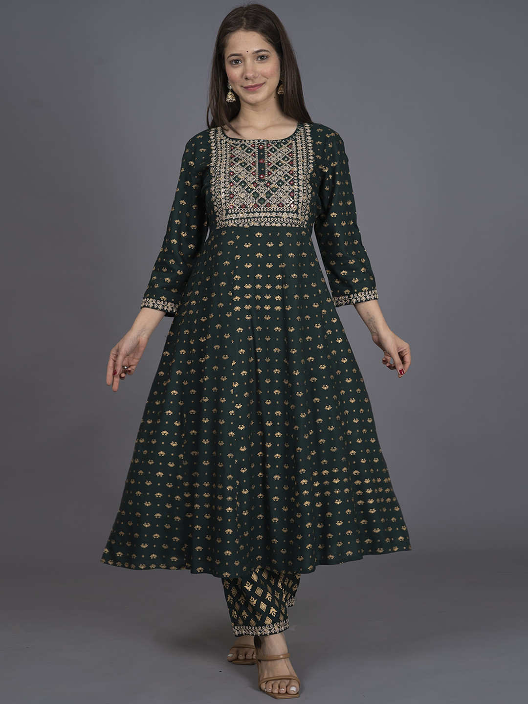 

misbis Ethnic Motifs Printed Anarkali Kurta & Palazzos With Pure Cotton Dupatta, Teal