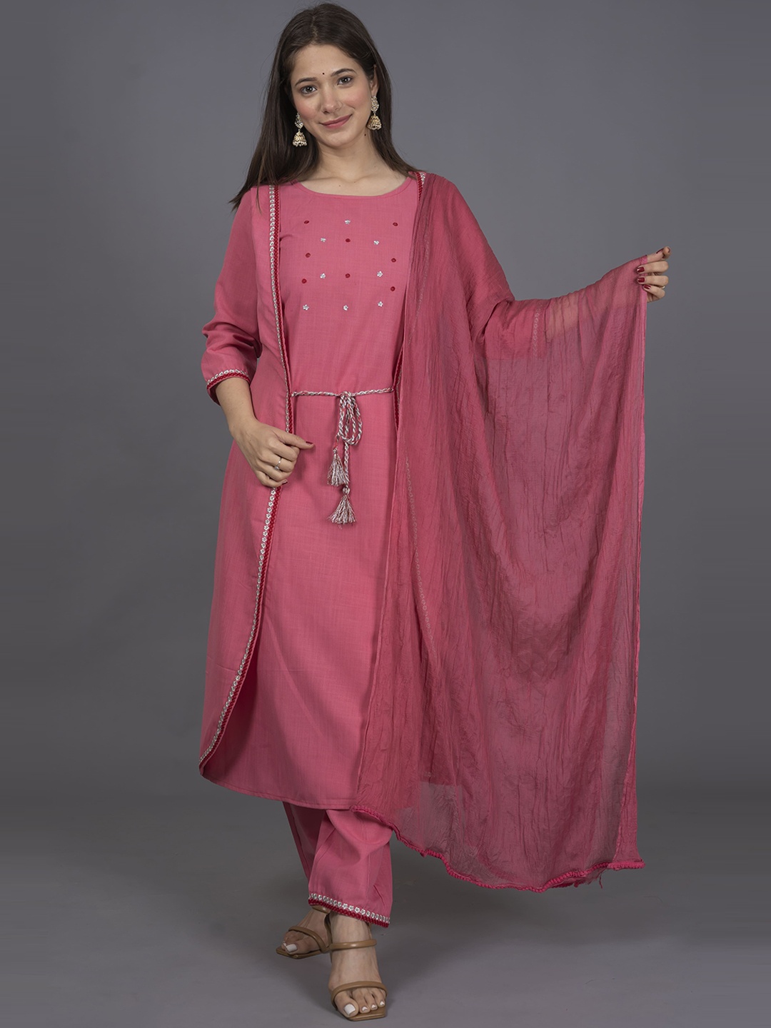 

misbis Women Round Neck Kurta with Trousers & Dupatta, Peach