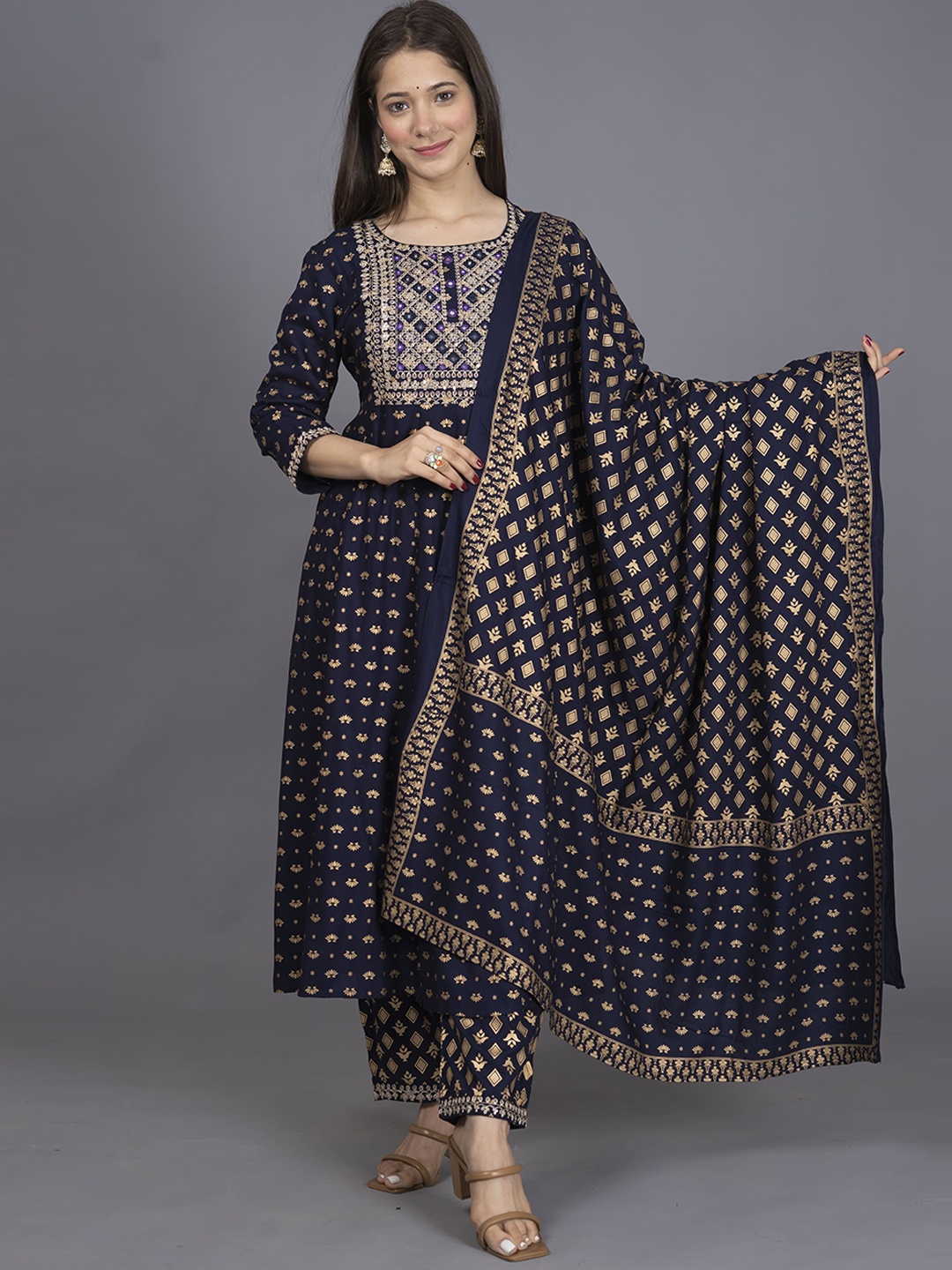 

misbis Ethnic Motifs Printed Kurta With Palazzos & Dupatta, Navy blue