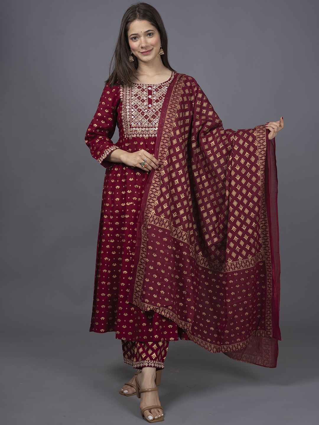 

misbis Ethnic Motifs Printed Kurta With Palazzos & Dupatta, Maroon