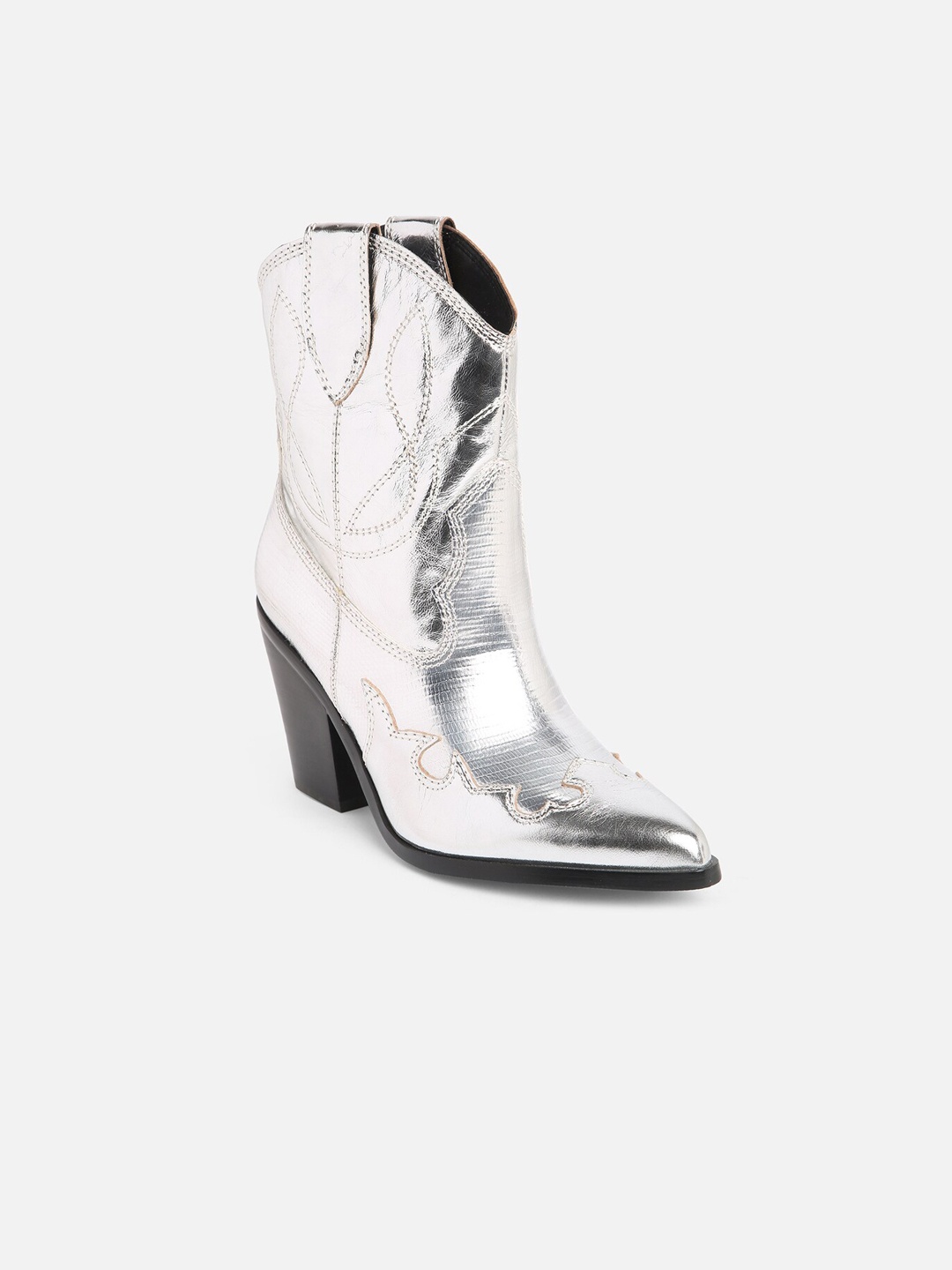 

ALDO Women Textured Mid Top Block Heel Leather Cow Boy Boots, Silver