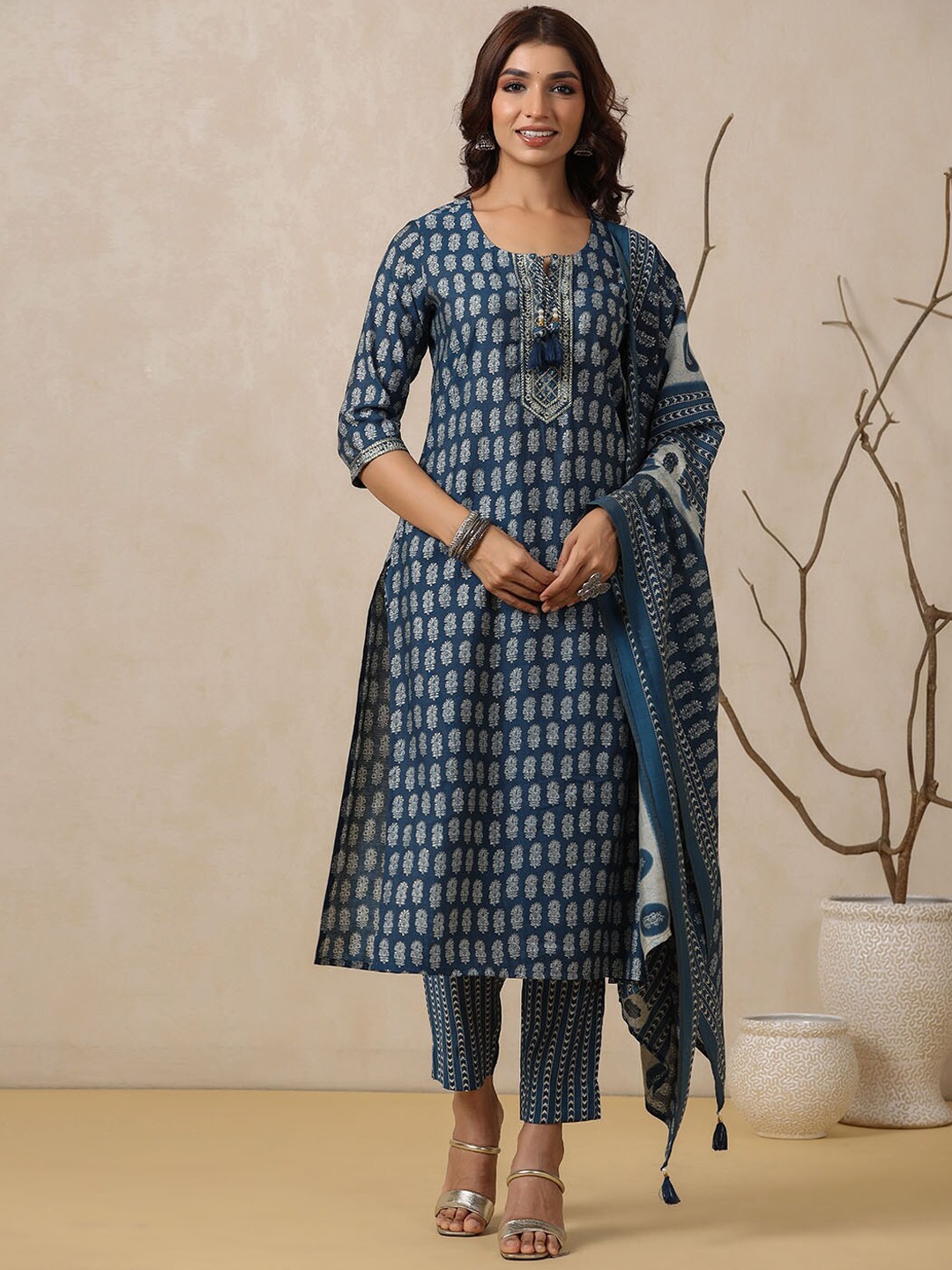 

Meena Bazaar Floral Block Printed Mirror Work Kurta With Trousers & Dupatta, Teal