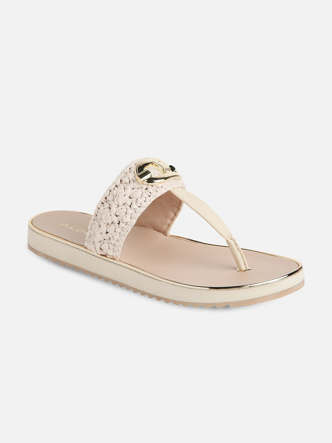 

ALDO Women Woven Design Embellished T-Strap Flats, Beige