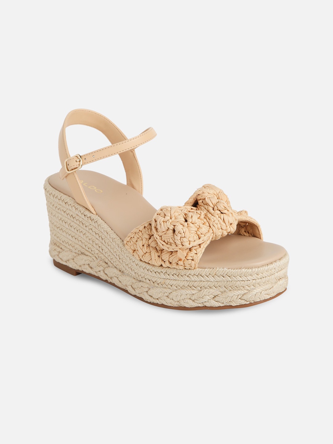 

ALDO Woven Design Open Toe Wedges With Bows, Beige