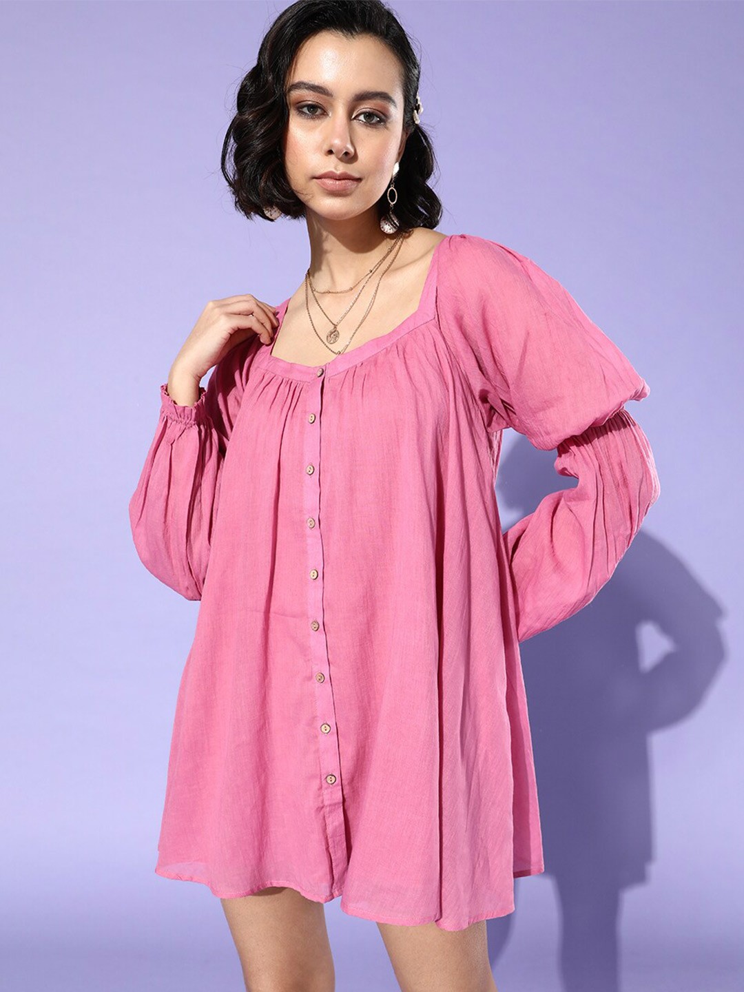 

QUIERO Square Neck A-Line Pure Cotton Mini Dress, Pink