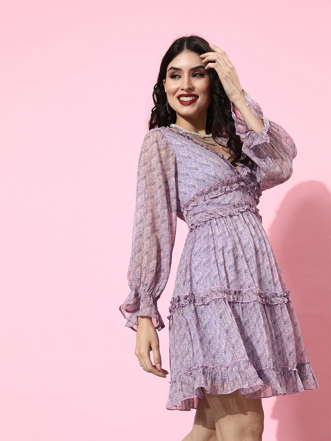 

QUIERO Printed V Neck Ruffled Bell Sleeve Dress, Lavender