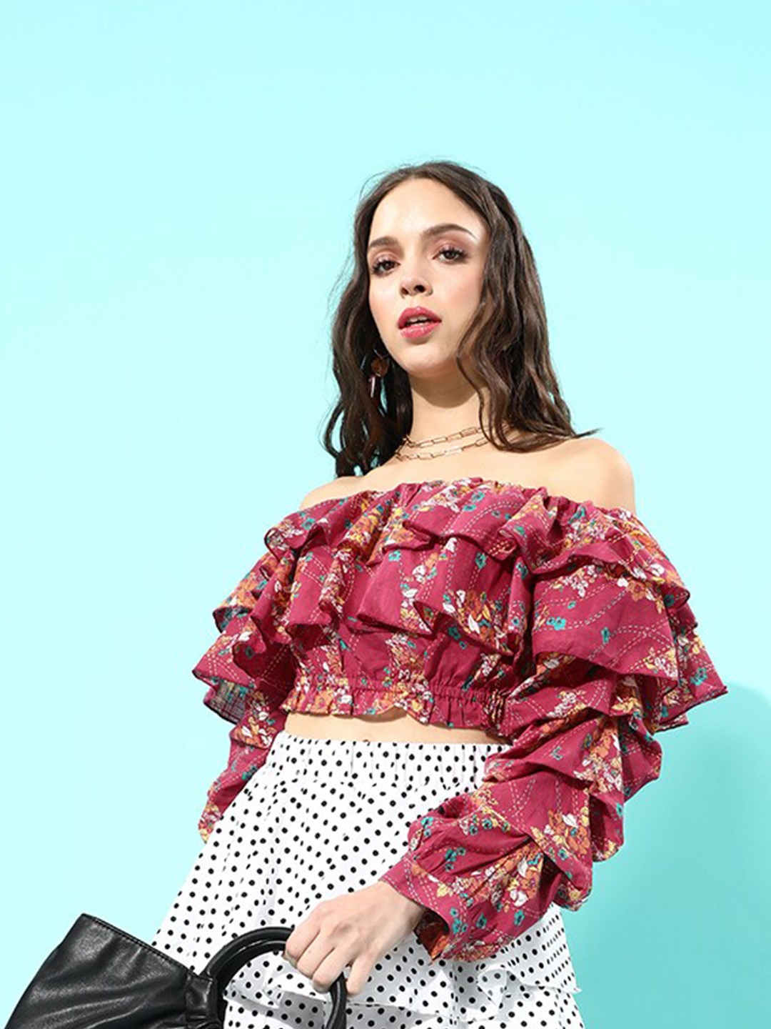 

QUIERO Multicoloured Floral Printed Off-Shoulder Bardot Pure Cotton Crop Top, Pink