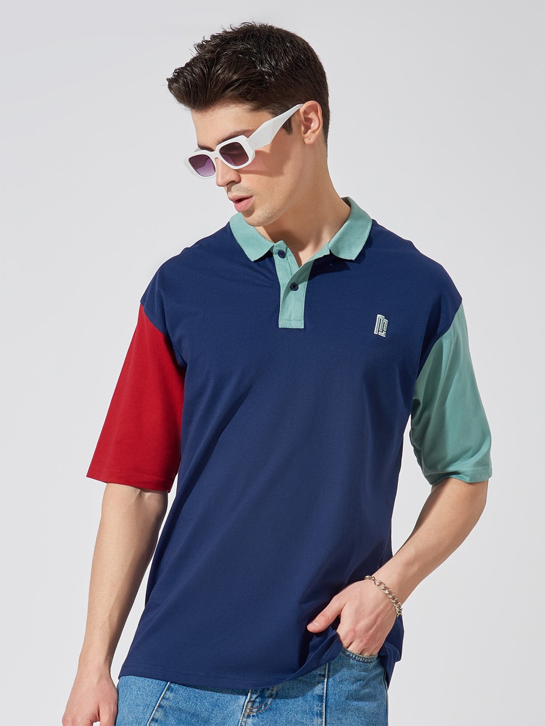 

Maniac Colourblocked Polo Collar Cotton Oversize T-shirt, Navy blue