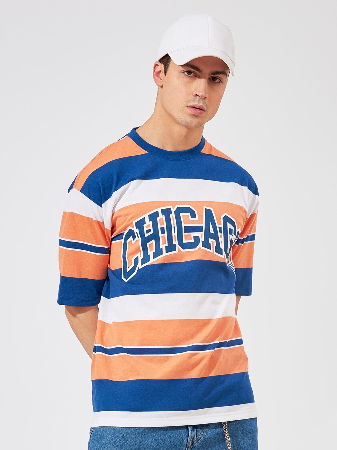 

Maniac Striped Drop-Shoulder Sleeves Cotton Oversized T-shirt, Navy blue