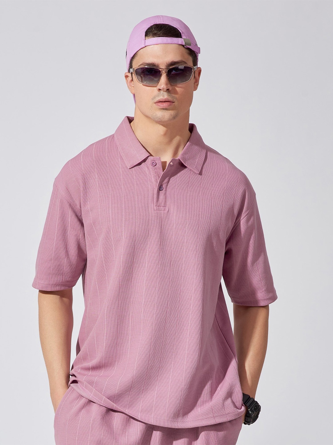 

Maniac Men Self Design Polo Collar Cotton Oversize Fitted T-shirt, Lavender