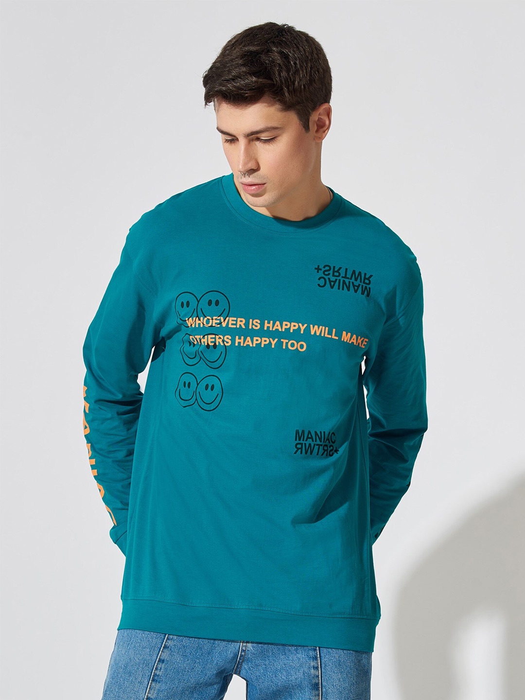 Maniac Men Typography Printed Cotton Oversize Fitted T-shirt, Turquoise blue