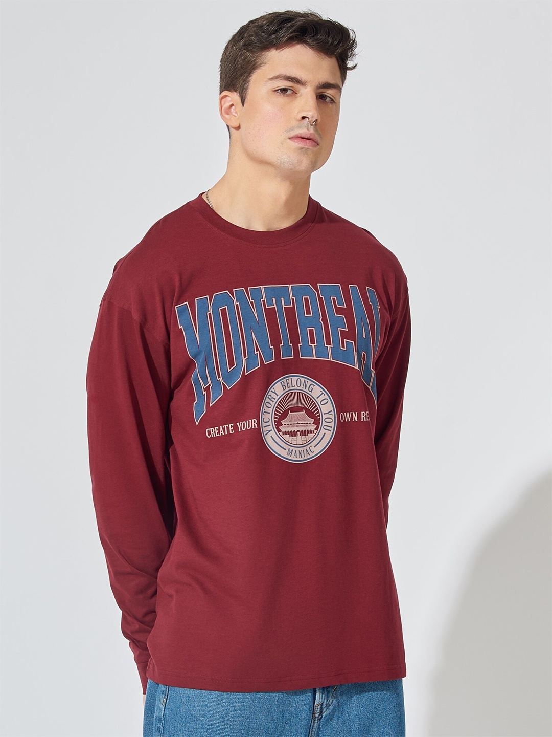 

Maniac Men Typography Printed Cotton Oversize Fitted T-shirt, Burgundy