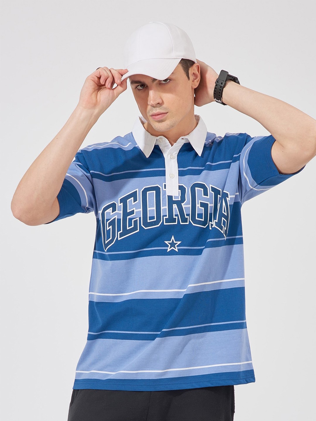 

Maniac Men Striped Polo Collar Cotton Oversize Fitted T-shirt, Navy blue