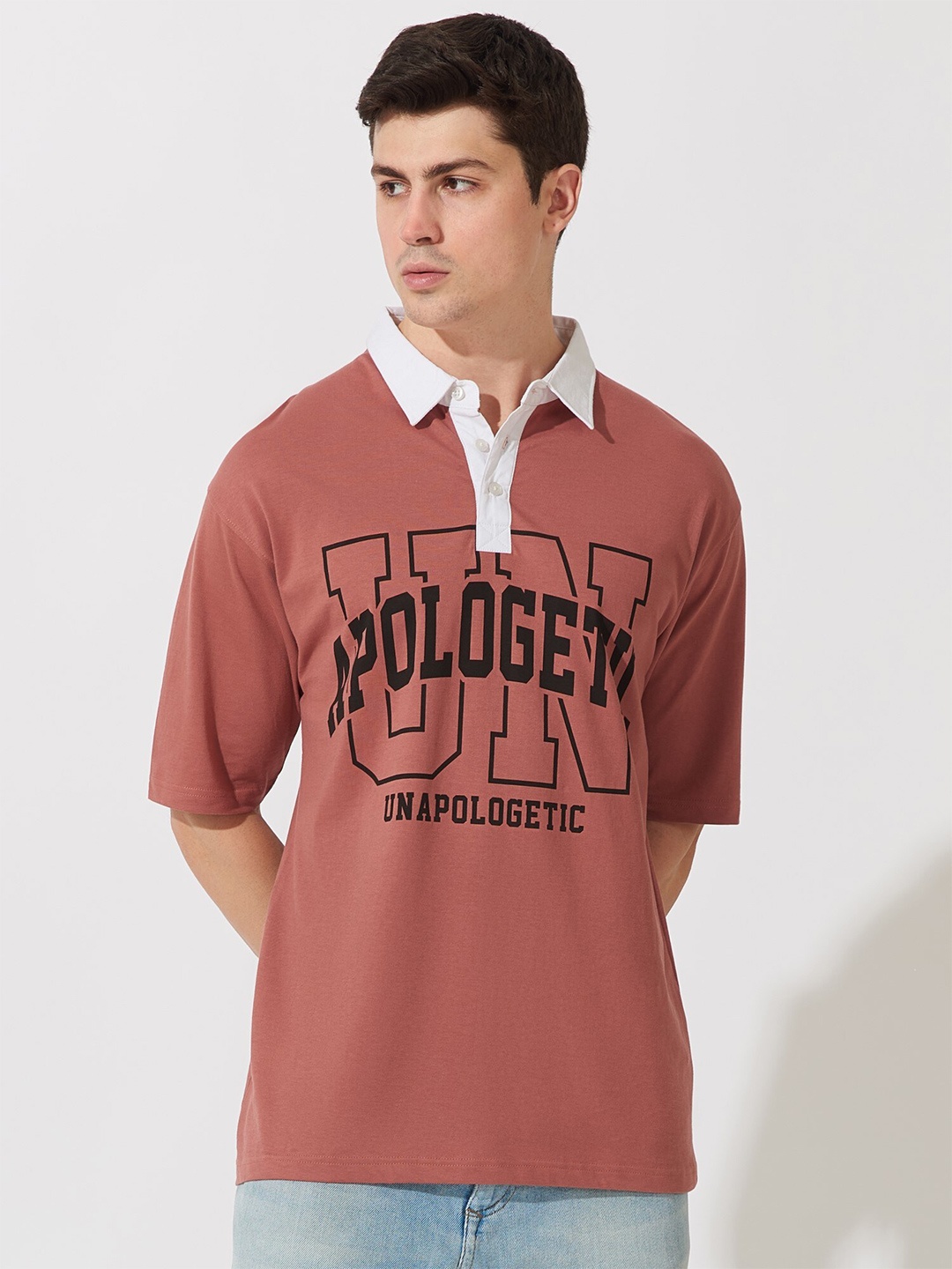 

Maniac Men Typography Printed Polo Collar Drop Shoulder Sleeve Cotton Oversize Fitted T-shirt, Peach