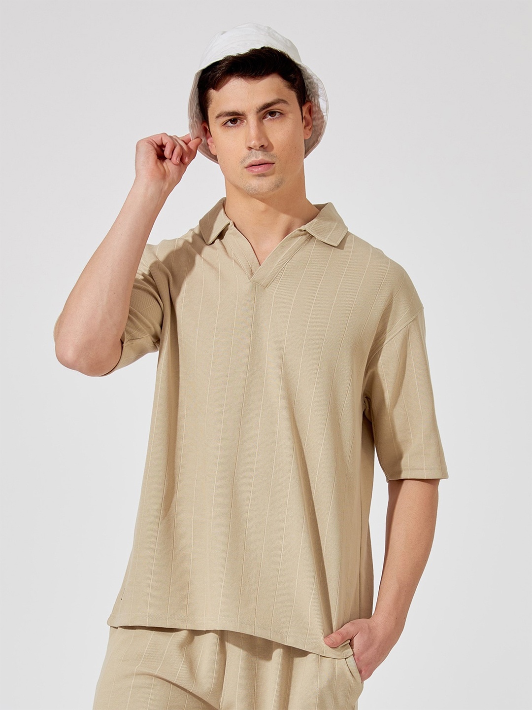

Maniac Men Polo Collar Cotton Oversize Fitted T-shirt, Beige