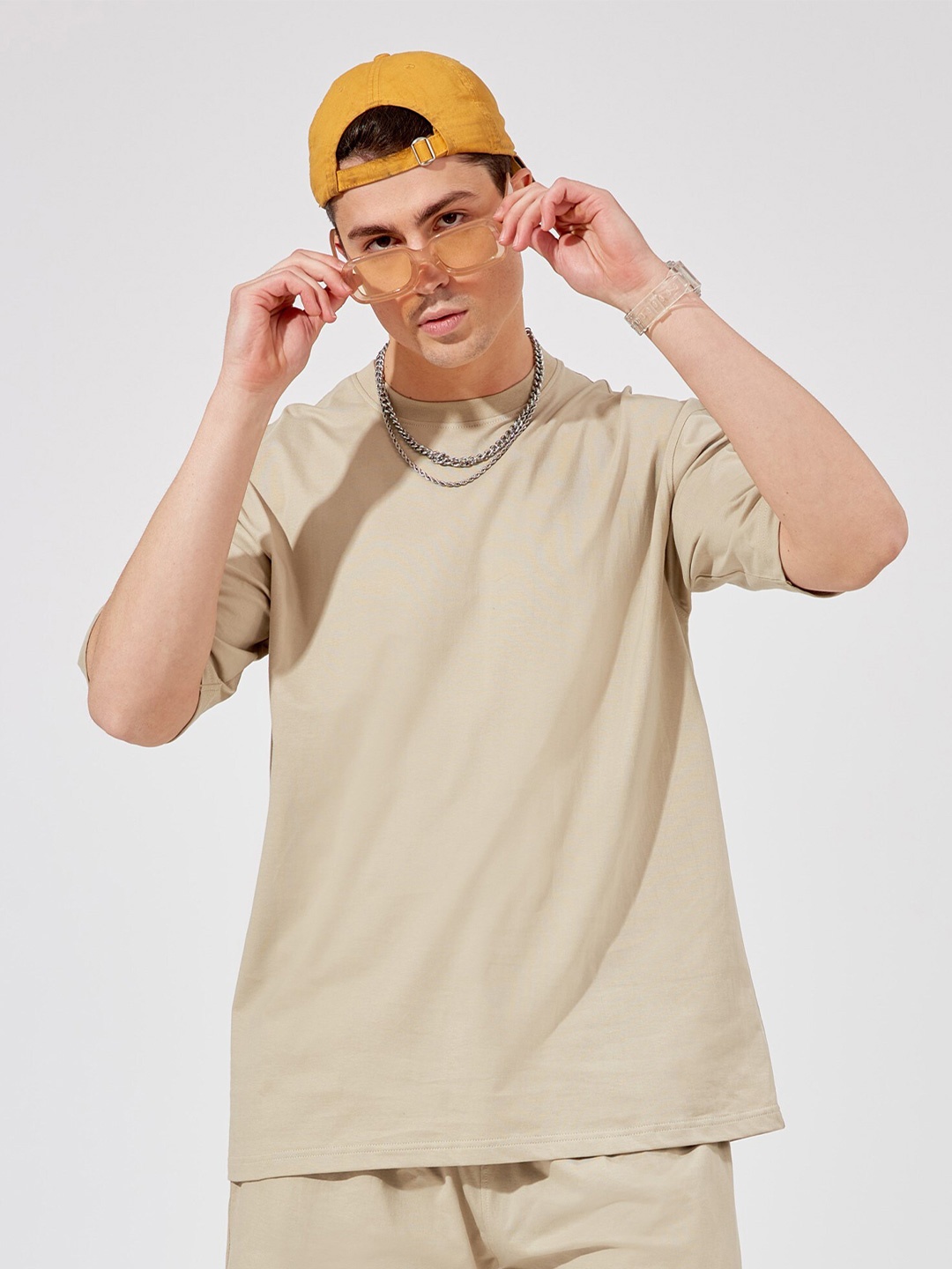 

Maniac Men Drop Shoulder Sleeve Cotton Oversize Fitted T-shirt, Beige