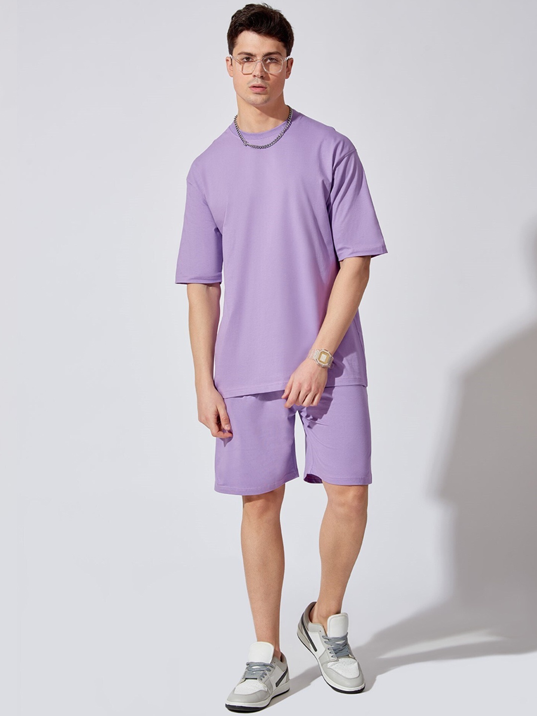 Maniac Men Mid-Rise Loose Fit Cotton Shorts, Purple