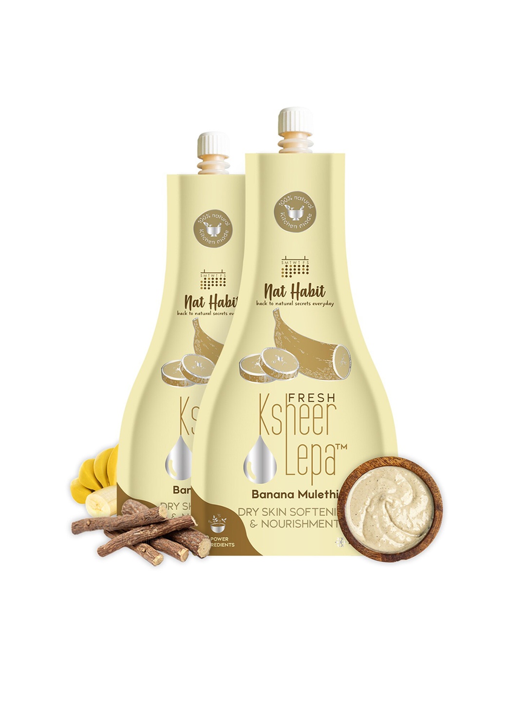 

Nat Habit Set Of 2 Banana Mulethi Fresh Ksheer Lepa - 40 g Each, Yellow